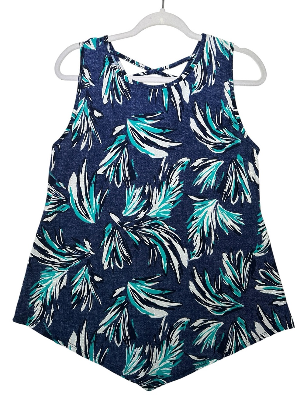 Amana Navy Tank Top with Teal & White Leaf Print Size L